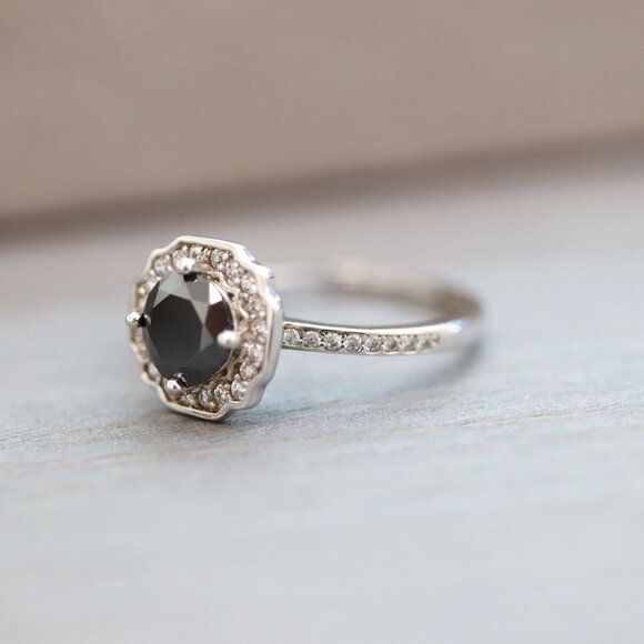 S925 1cttw Black Moissanite Diamond Flower Halo Style Engagement Ring Silver - Picture 2 of 6